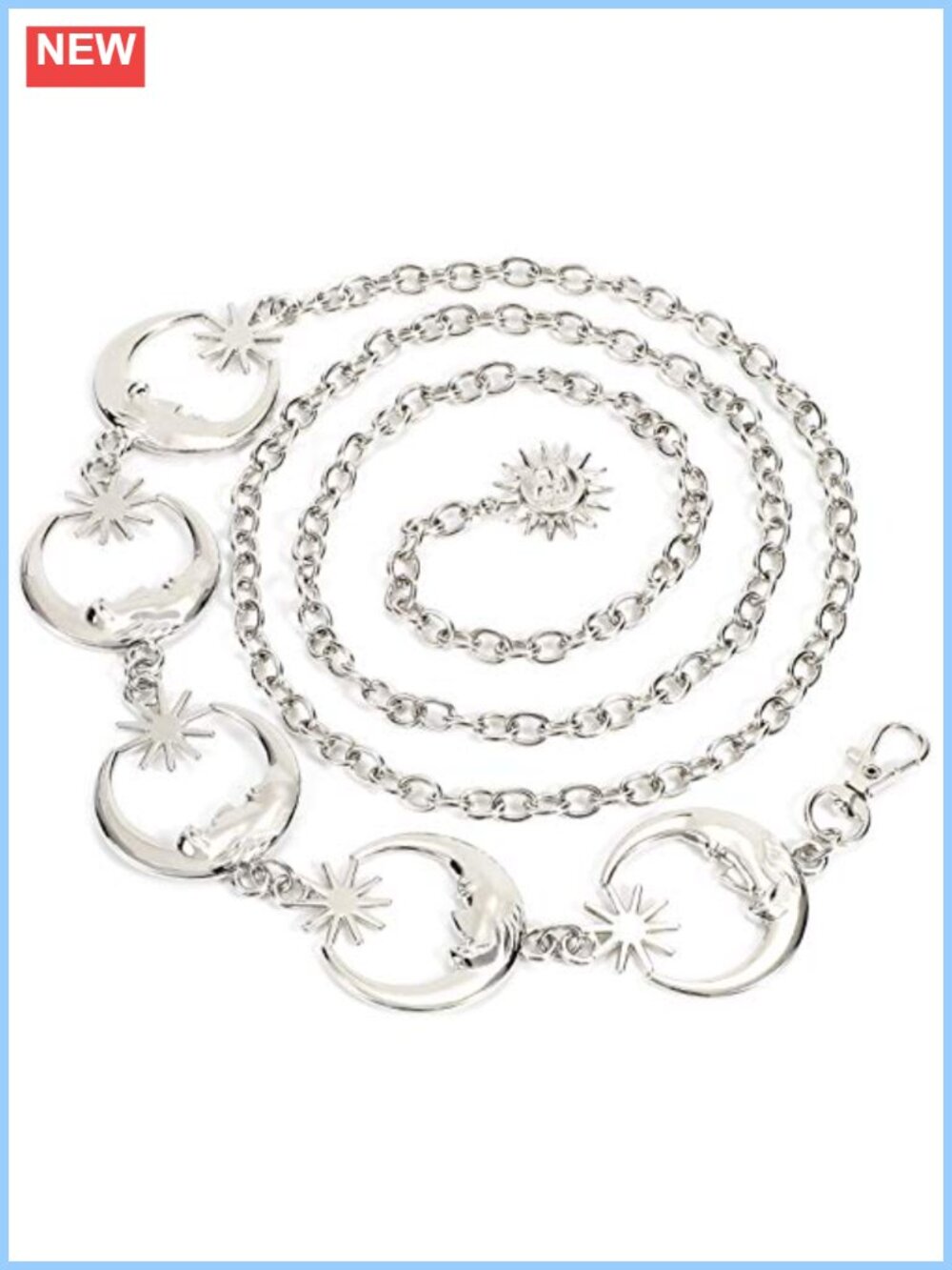Silver Plated Alloy Metal Link Body Chain Belt with Moon Star Sun Pendant